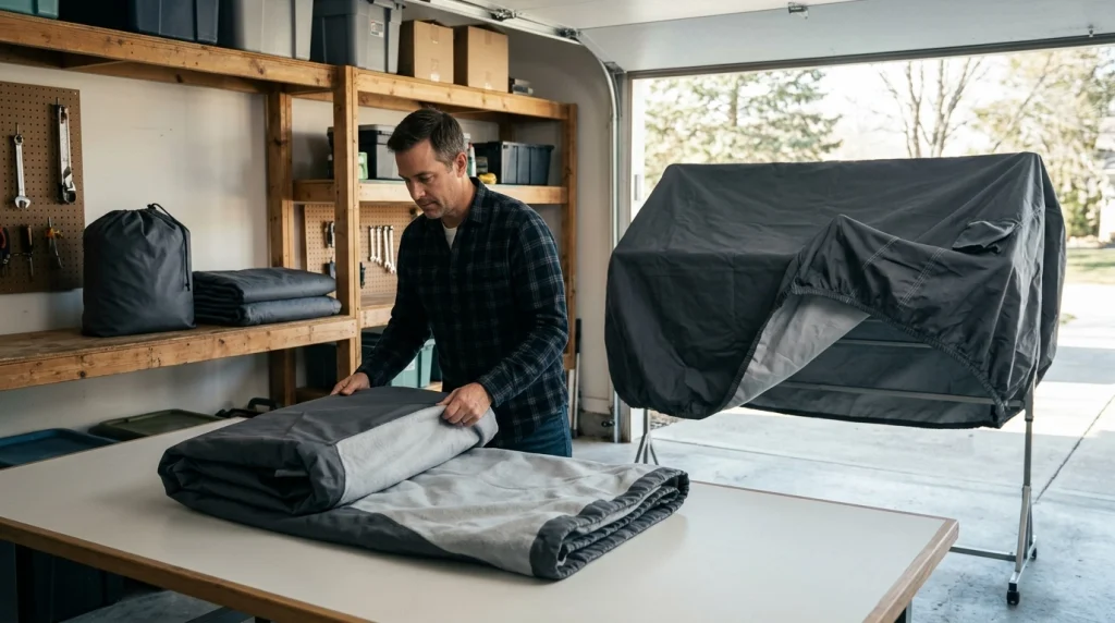 Clean charcoal-gray car cover drying on a rack before being folded and stored in a ventilated garage.