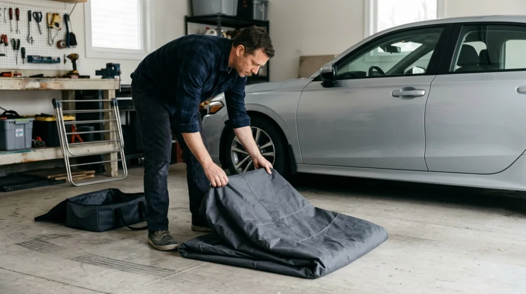 Car owner folding a clean, dry car cover for storage in a residential garage.