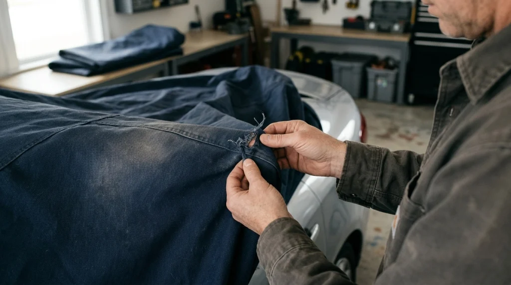 Car owner inspecting a faded navy car cover for thinning fabric and damaged stitching.