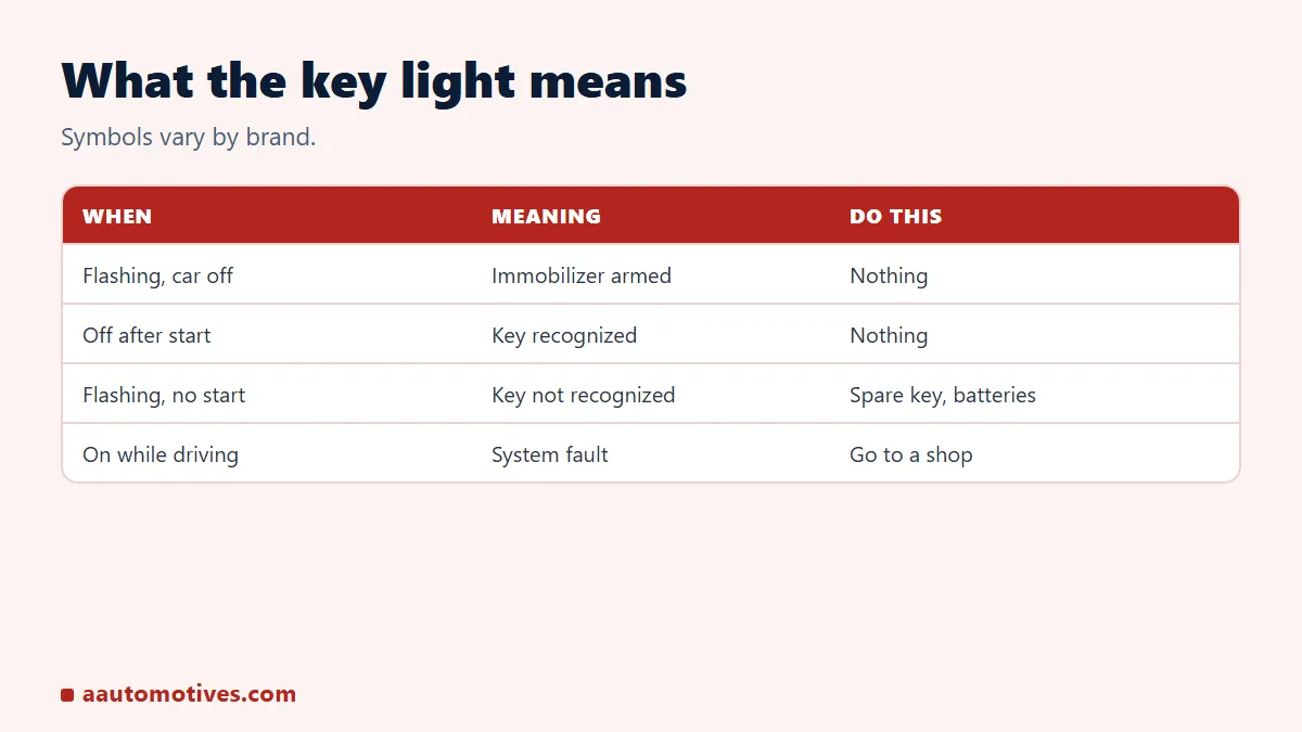 Key light meaning: flashing with car off is normal, flashing with no start means key not recognized