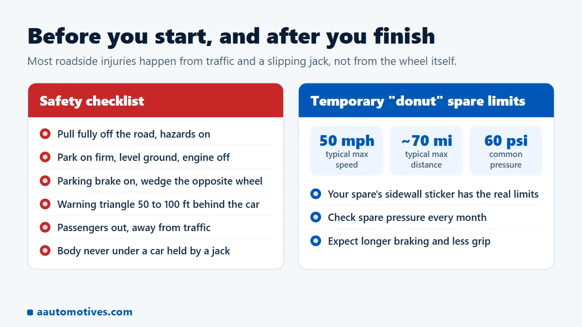 Flat tire safety checklist and temporary donut spare tire speed and distance limits