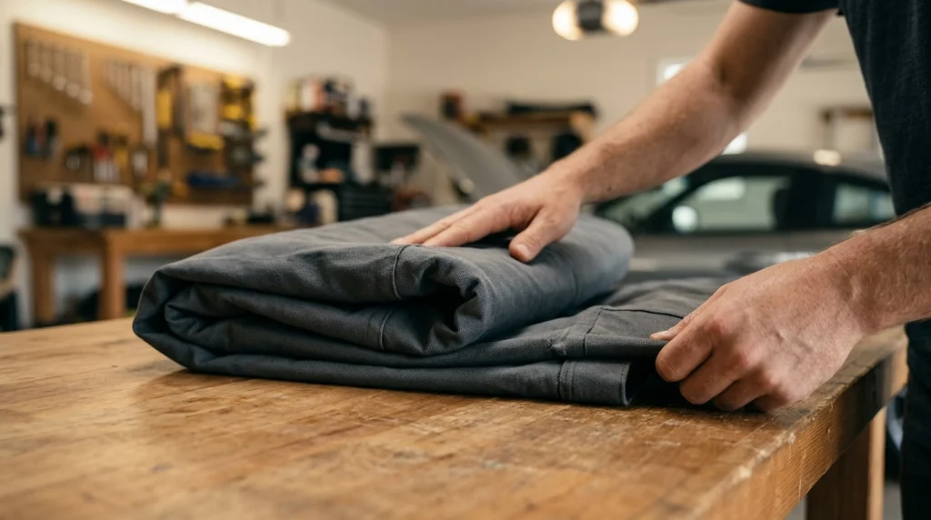 Neatly folding a clean indoor car cover on a wooden workbench.