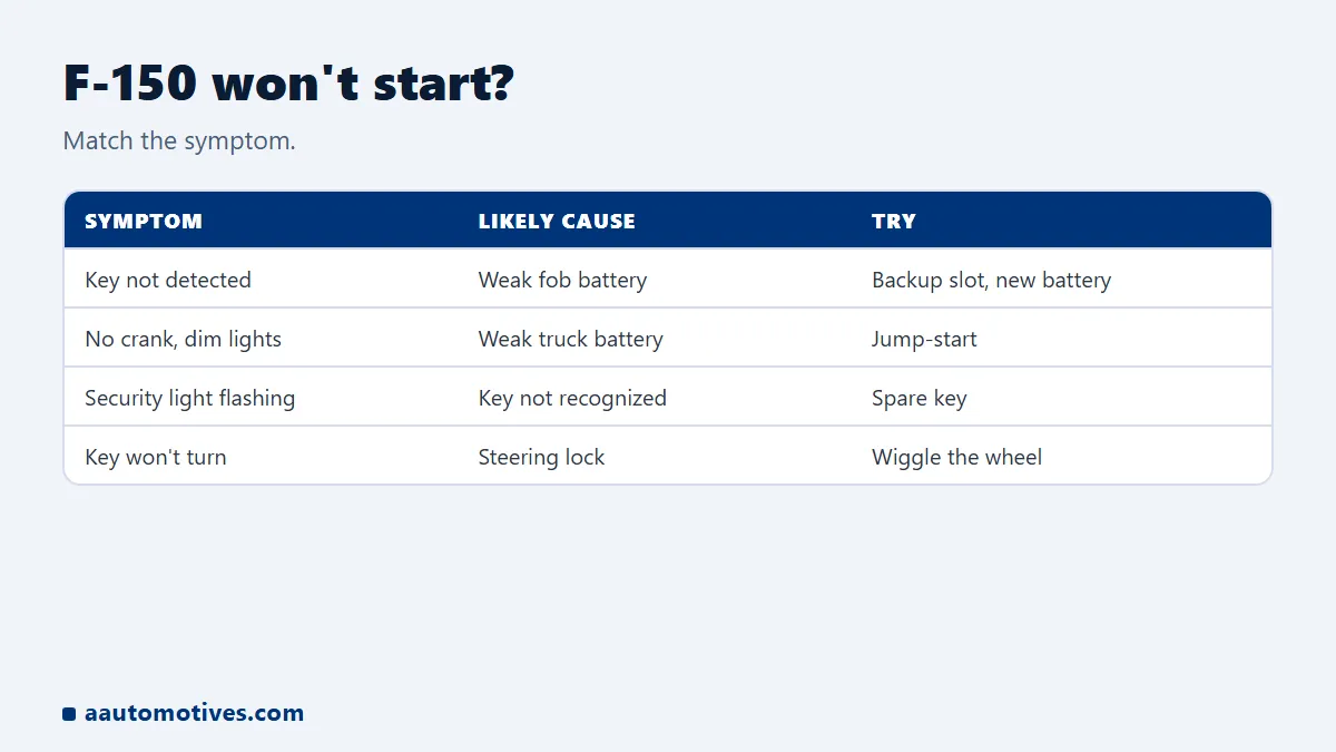 Why a Ford F-150 won't start: fob battery, truck battery, immobilizer, steering lock