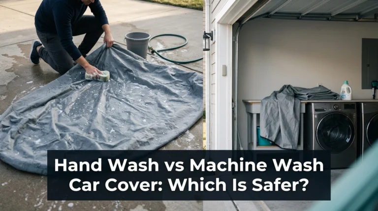 Hand washing versus machine washing a gray car cover on a residential driveway.