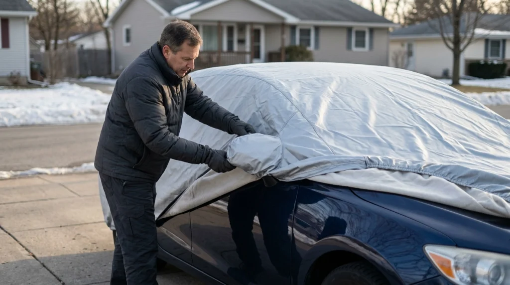 Driver fitting a dry winter car cover over a clean sedan in a cold residential driveway.