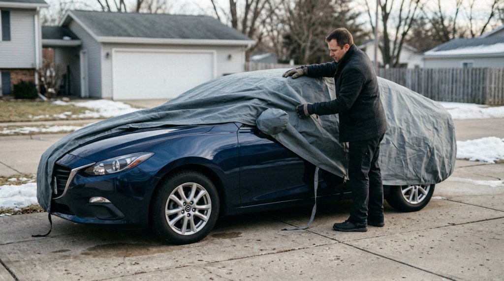 Driver fitting a winter car cover over a clean, dry sedan to help prevent freezing.