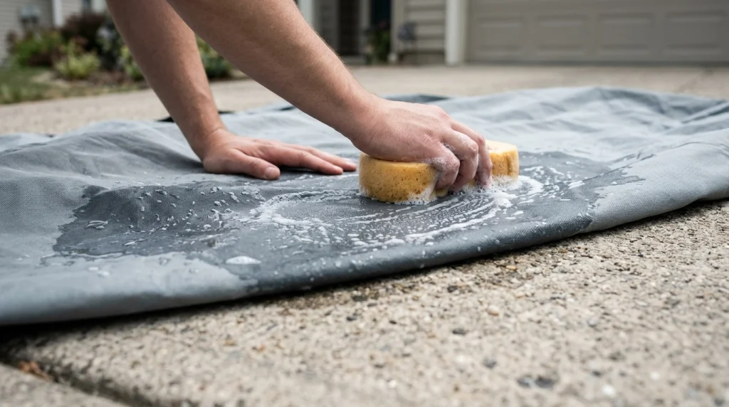 Cleaning a durable car cover on a clean driveway surface.