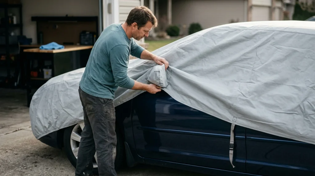 Driver carefully aligning a car cover mirror pocket and roof fabric during step-by-step installation.