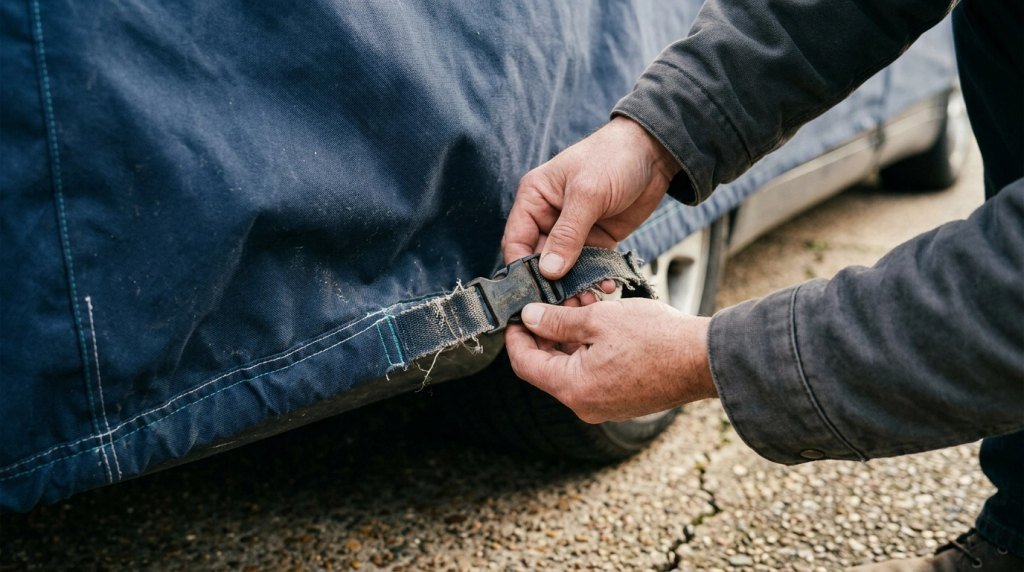 Car owner photographing damaged cover hardware and checking a parked vehicle after suspected car cover theft.