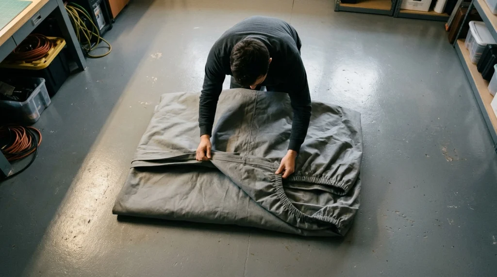 Person carefully folding and checking a clean dry car cover indoors.