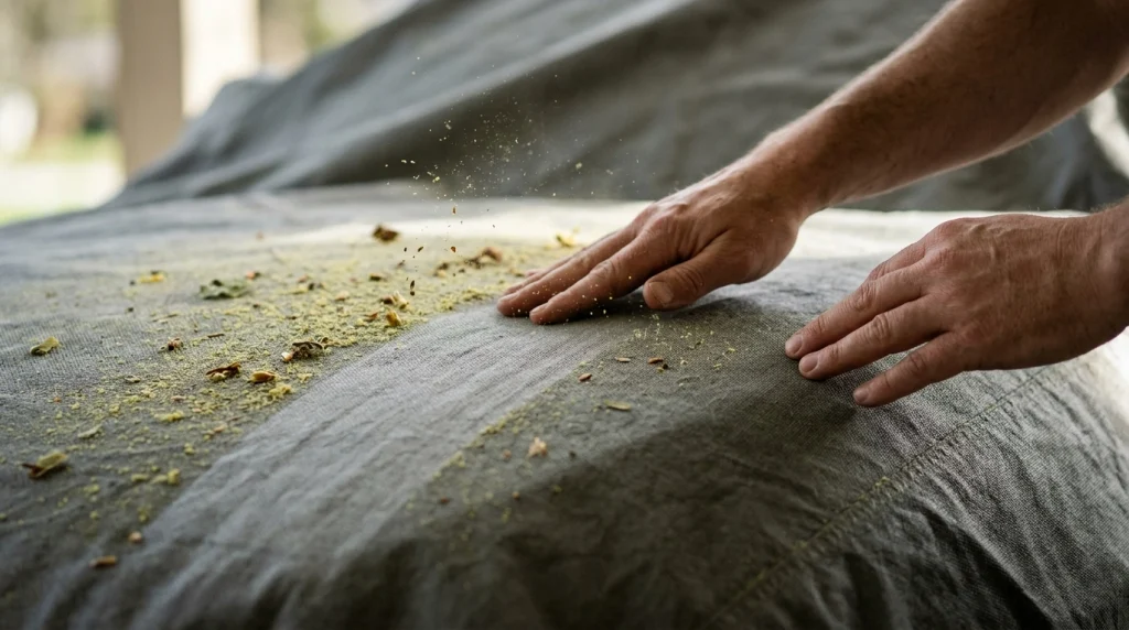 Hands gently cleaning debris off a car cover during spring.
