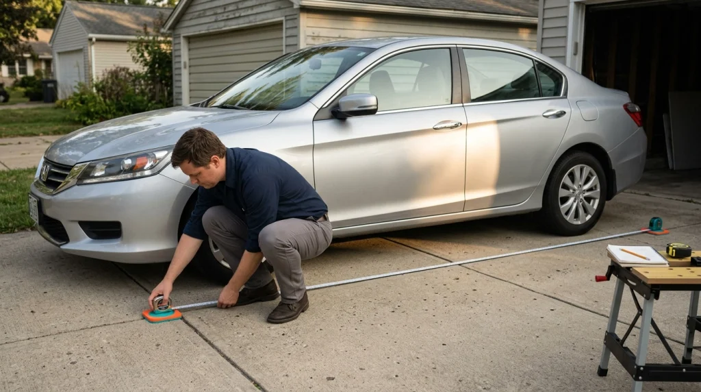 Car owner measuring sedan length with a tape measure to determine the correct car cover size