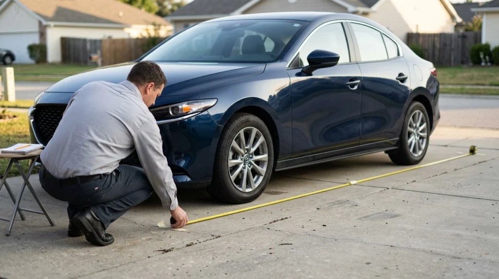 Vehicle owner measuring bumper-to-bumper car length with a tape measure and ground reference markers.