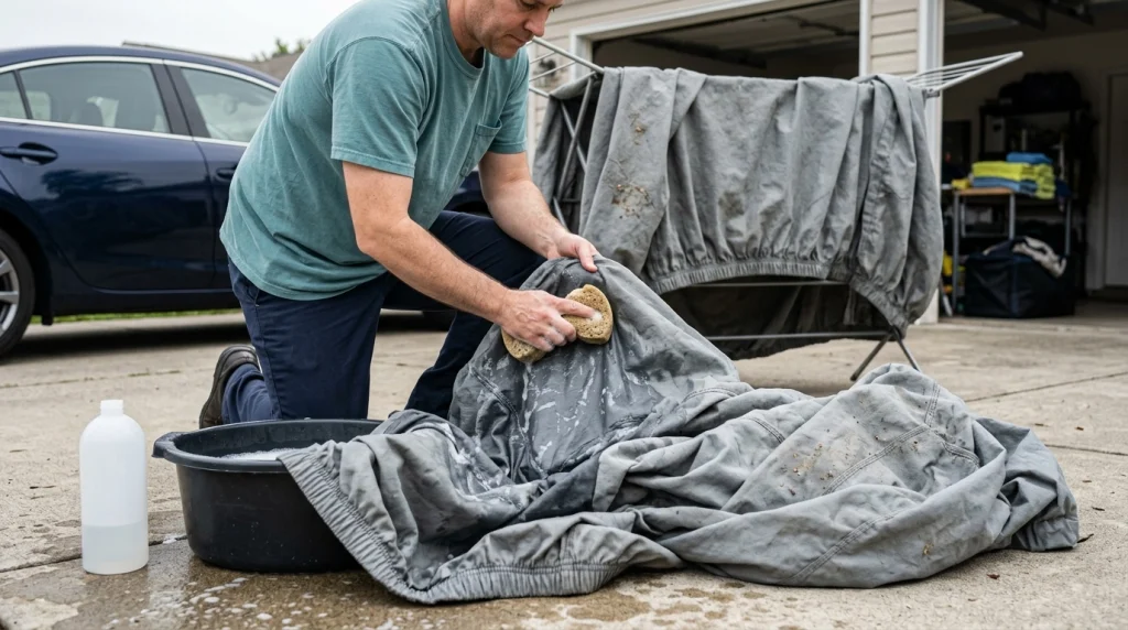 Vehicle owner hand-washing a gray car cover using a soft sponge beside an outdoor drying rack.