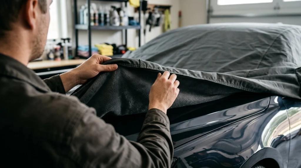 Placing a soft-lined car cover gently over a clean vehicle.