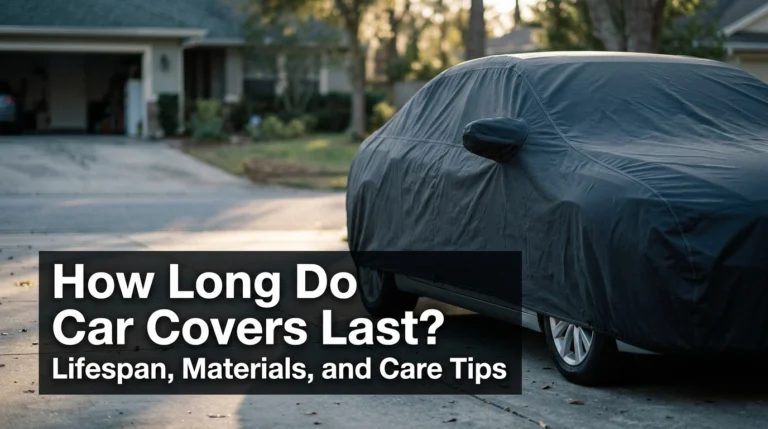Silver sedan protected by a fitted charcoal car cover in a residential driveway.