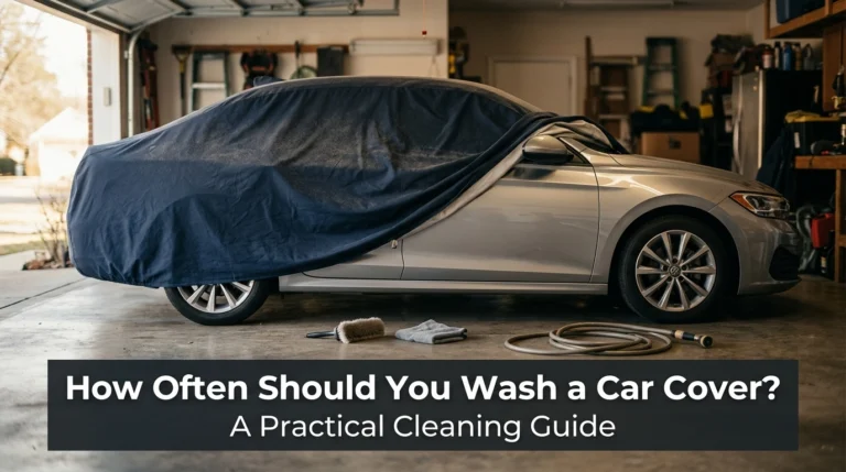 Dusty car cover partially removed from a silver sedan in a garage.