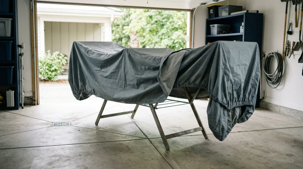 Gray car cover spread over a clean drying rack in a ventilated garage.