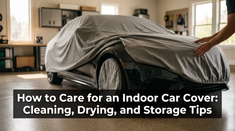 Clean indoor car cover being folded carefully in a bright garage setting.