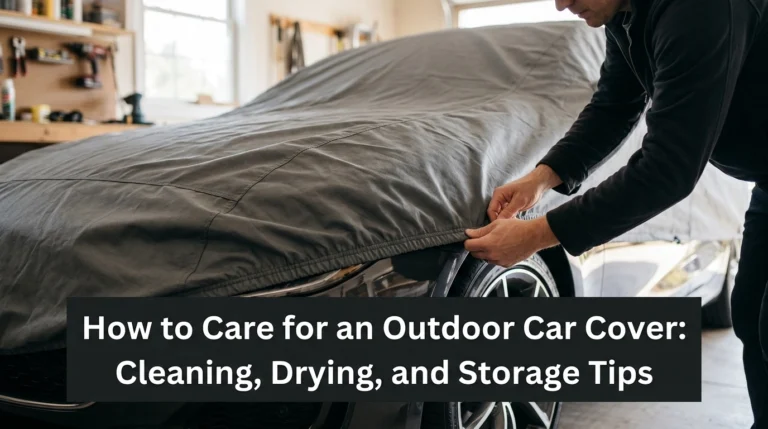 A clean car cover being adjusted on a vehicle in a bright garage setting.