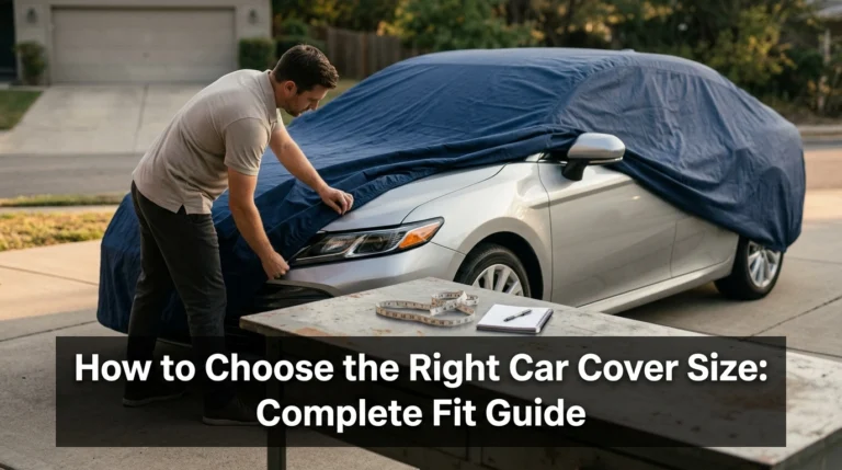 Sedan with partially fitted navy cover illustrating how to choose the right car cover size.