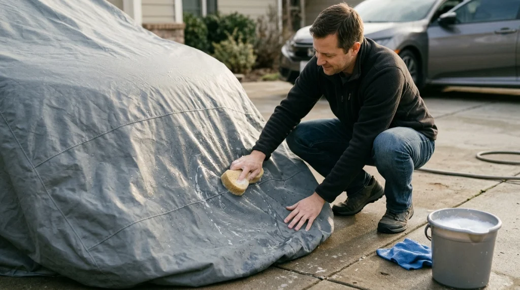 Car owner gently washing a gray automotive cover with a soft sponge in a residential driveway.