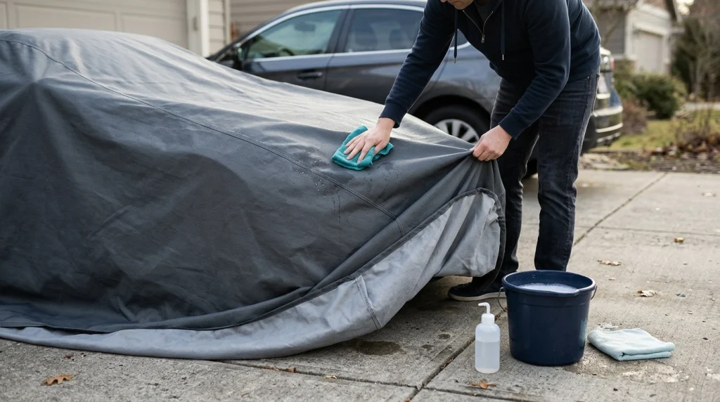 Car cover maintenance tips showing an owner gently cleaning a gray car cover with a microfiber cloth.