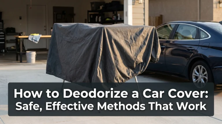 How to deodorize a car cover by airing out the fabric beside a parked sedan.