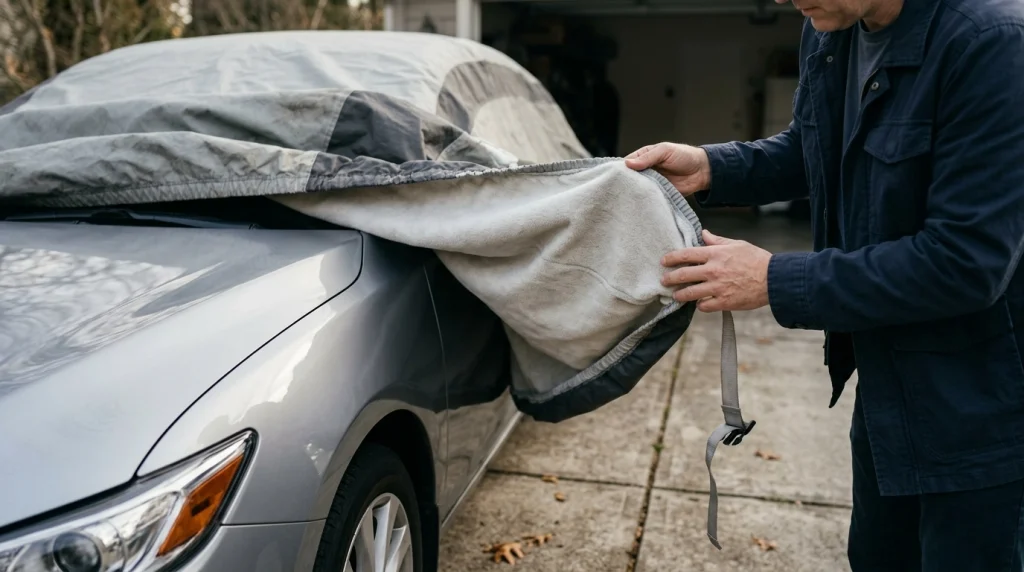 Vehicle owner inspecting a car cover's inner lining, elastic hem, stitching, and fit beside a sedan.