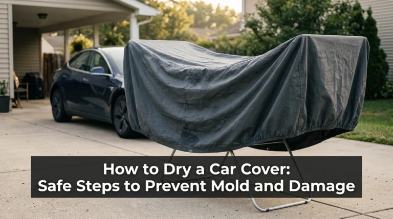 How to dry a car cover safely on a drying rack beside a residential driveway.