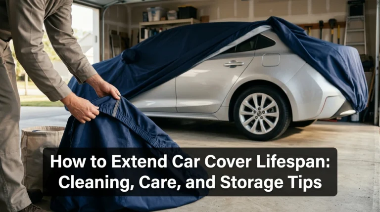 Silver car with a navy cover being inspected in a garage to demonstrate car cover lifespan care.