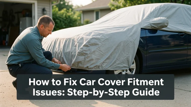 Vehicle owner adjusting a loose car cover on a sedan to fix car cover fitment issues.