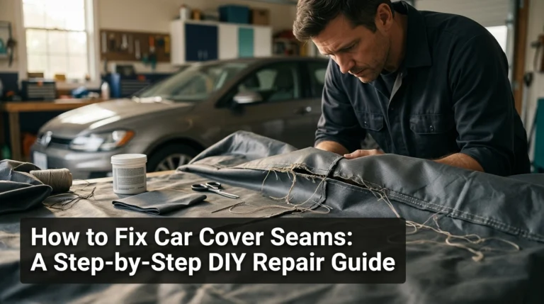 DIY repair of a split car cover seam with needle, thread, and patch in a garage.