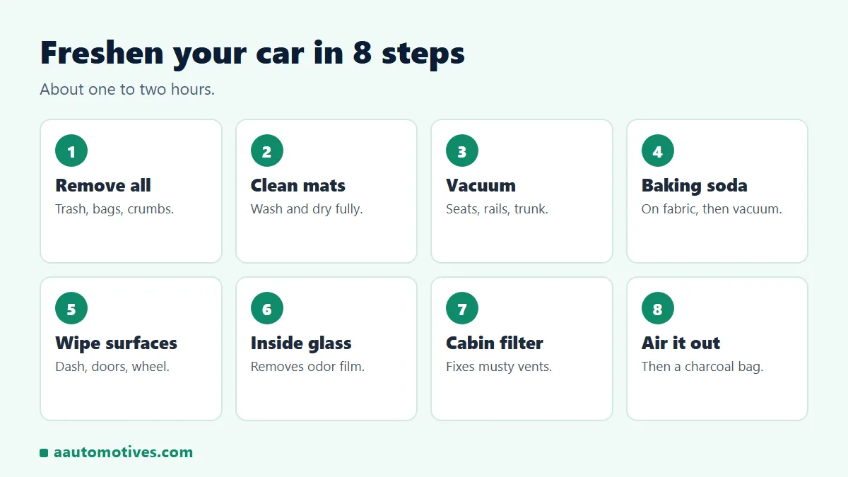 8 steps to freshen a car interior: remove trash, clean mats, vacuum, baking soda, wipe, windows, cabin filter, air out