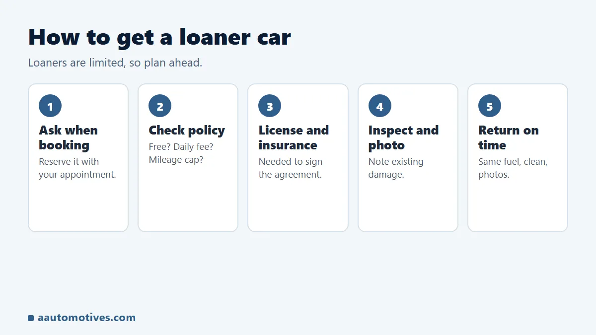 How to get a loaner car in 5 steps: ask when booking, check policy, bring license and insurance, inspect, return
