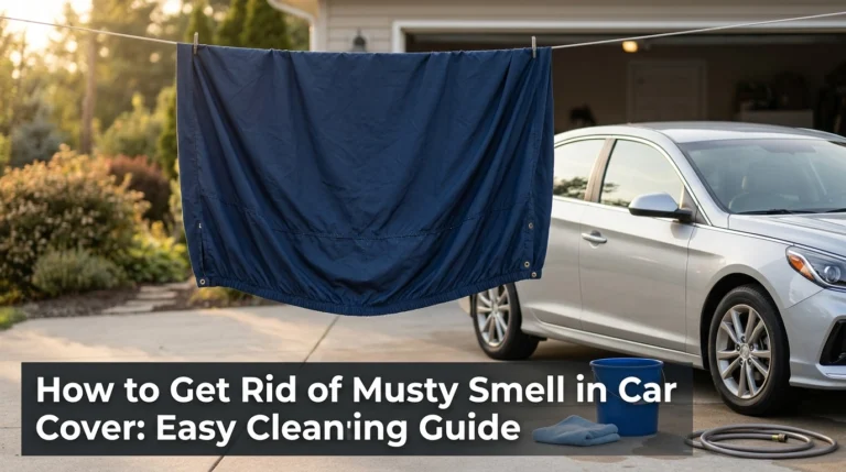 Clean navy car cover air-drying beside a sedan after washing to remove musty odors