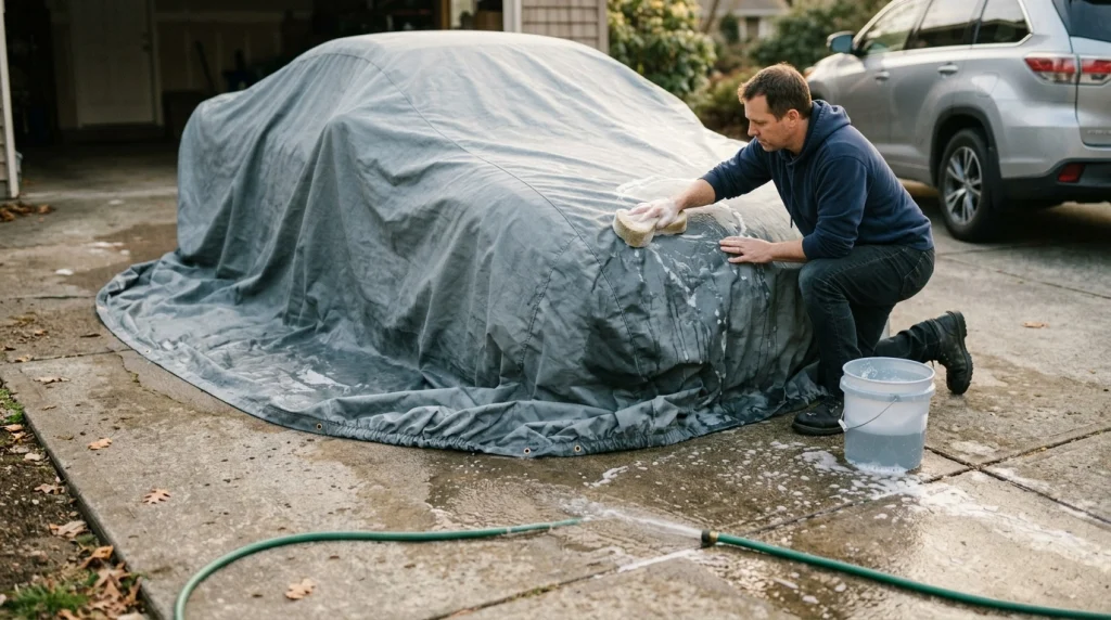 Hand-washing a car cover with a soft sponge, mild cleaner, bucket, and gentle hose rinse.