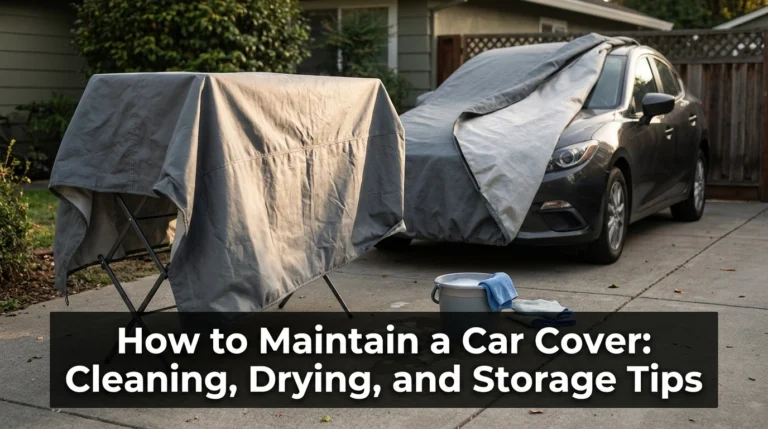 Gray car cover partially folded back from a passenger car during routine maintenance.