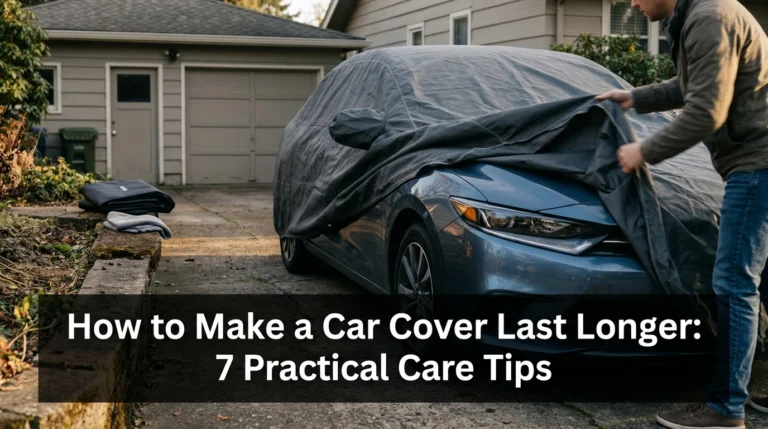 Car cover fitted over a sedan in a driveway to illustrate how to make a car cover last longer.