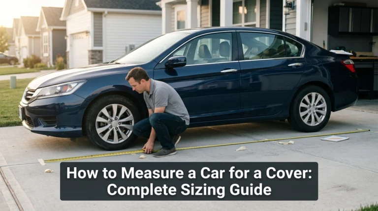 Car owner measuring a navy sedan with a tape measure to determine the correct car cover size.