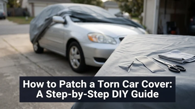 How to patch a torn car cover using a flexible repair patch beside a parked car.