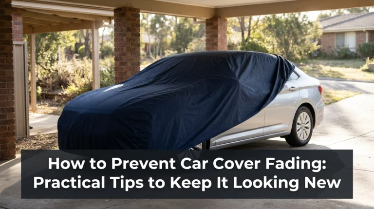 Silver sedan protected by a navy outdoor car cover beneath a shaded carport.