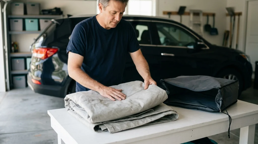 Person folding a completely dry car cover for storage to help prevent shrinkage and fabric damage.