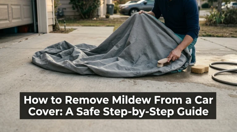 How to remove mildew from a car cover with gentle cleaning tools on a residential driveway.