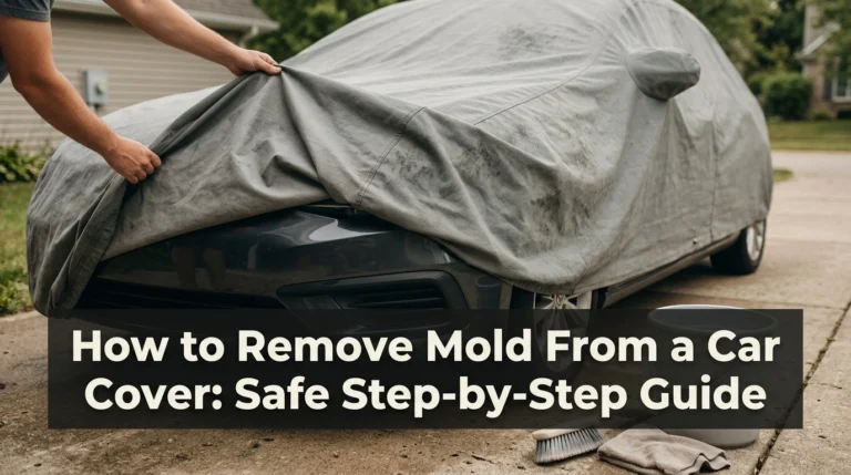 Car cover with mold spots removed from a parked car before cleaning.