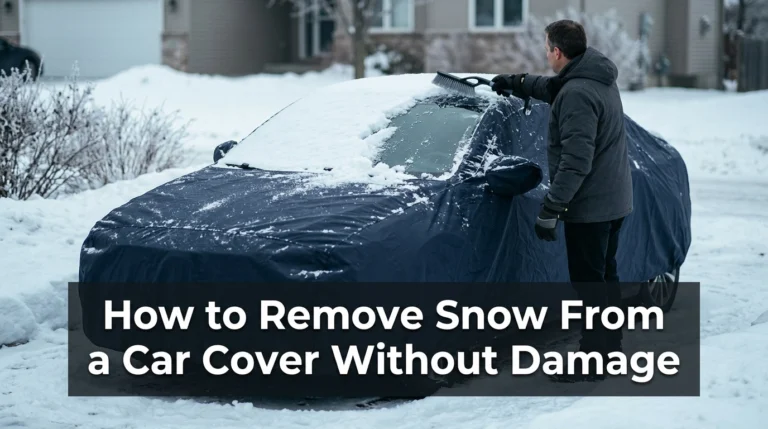 Car owner gently removing snow from a covered sedan using a soft automotive snow brush