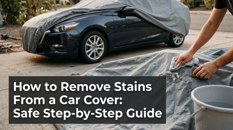 Removing stains from a car cover with a microfiber cloth beside a parked car.