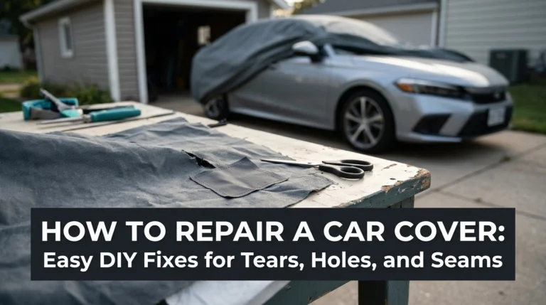 How to repair a car cover with a fabric patch beside a parked silver-gray car.