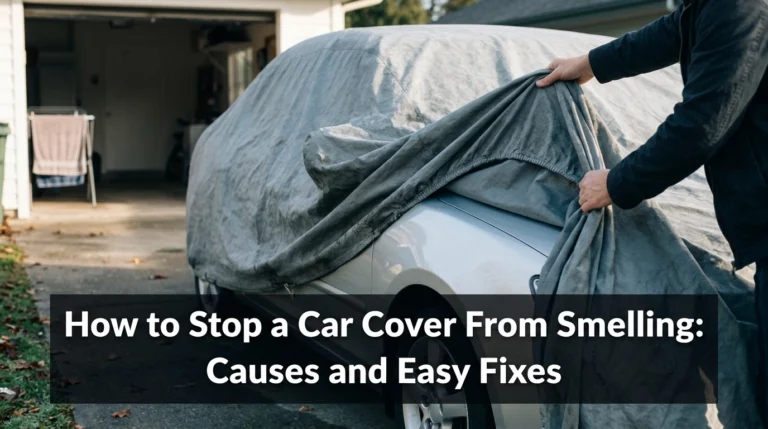 Removing a car cover from a silver car to address musty odors and trapped moisture.