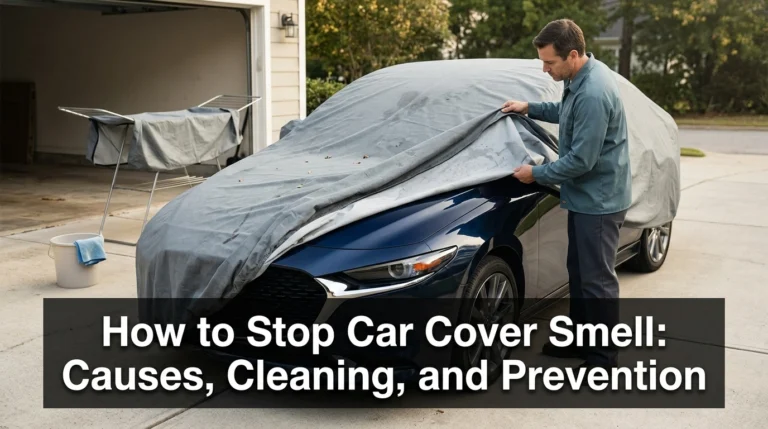 Car owner inspecting a damp car cover beside a sedan to prevent musty odors and maintain clean fabric.